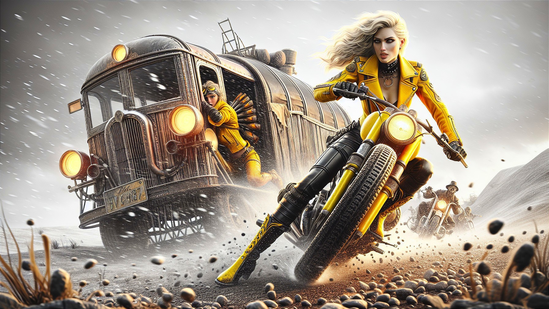 Blonde Biker in Yellow Outfit in Post-Apocalyptic Scene