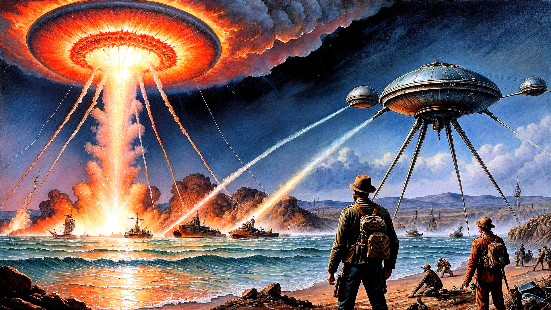 Dramatic Sci-Fi Scene of Ocean Explosion and Alien Craft