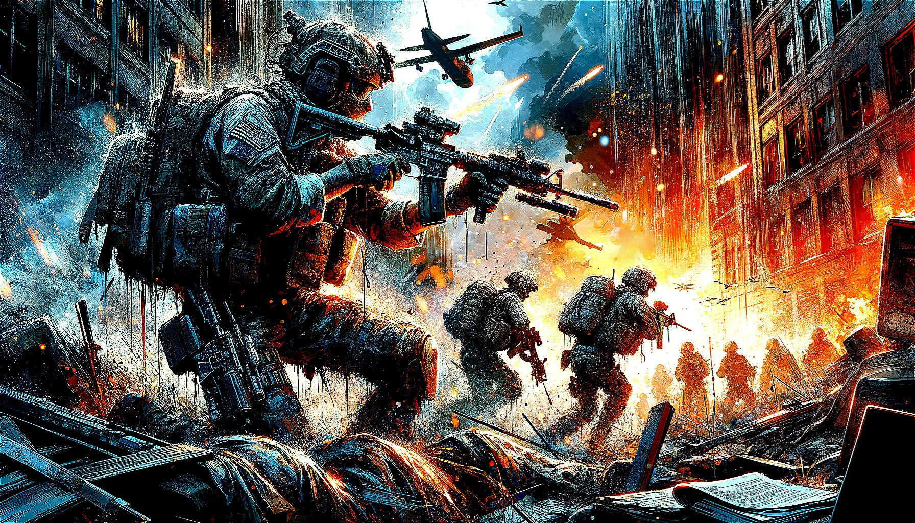 Soldiers in Tactical Gear Navigate War-Torn Cityscape