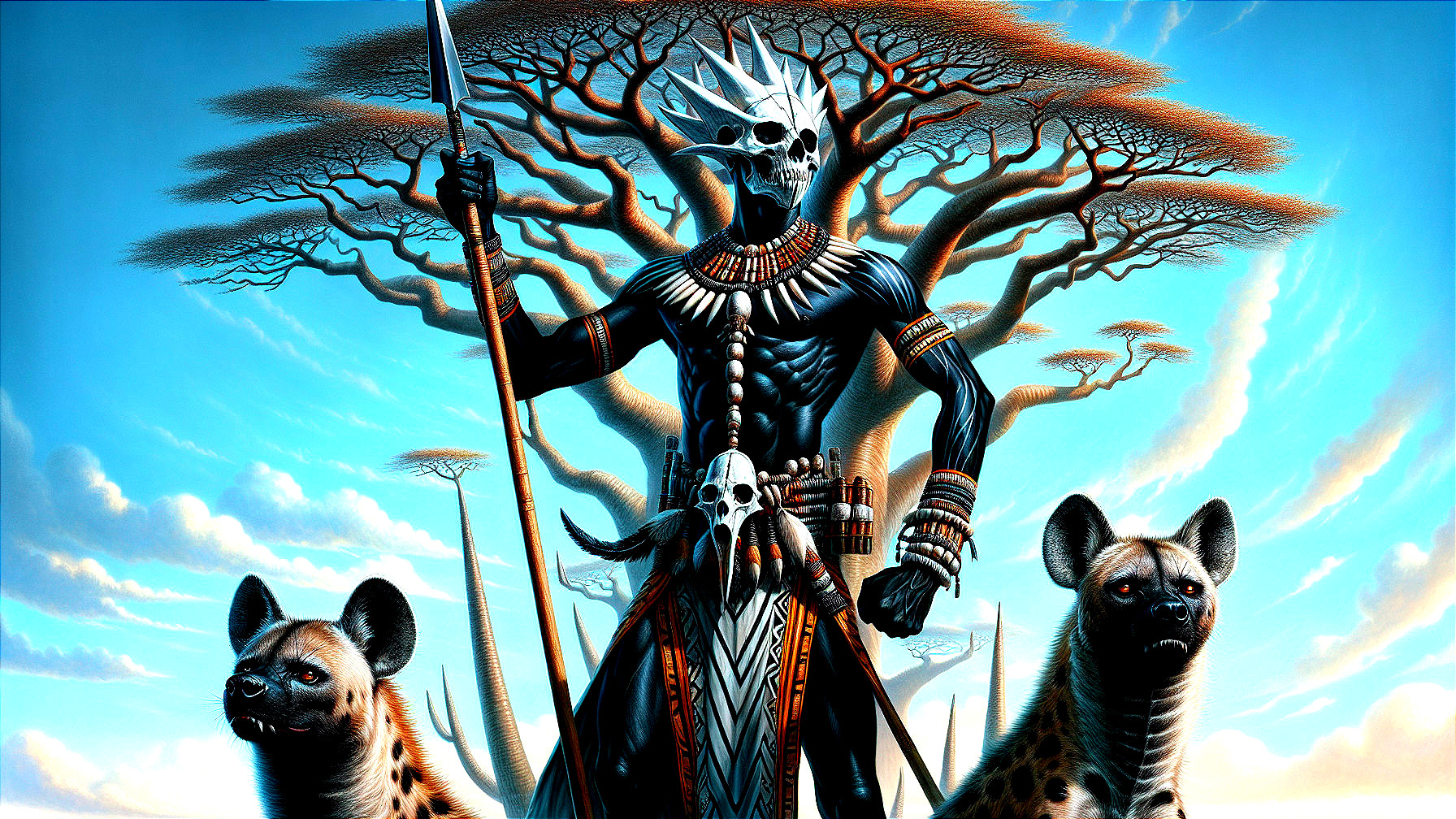 Powerful figure in tribal attire with hyenas and trees