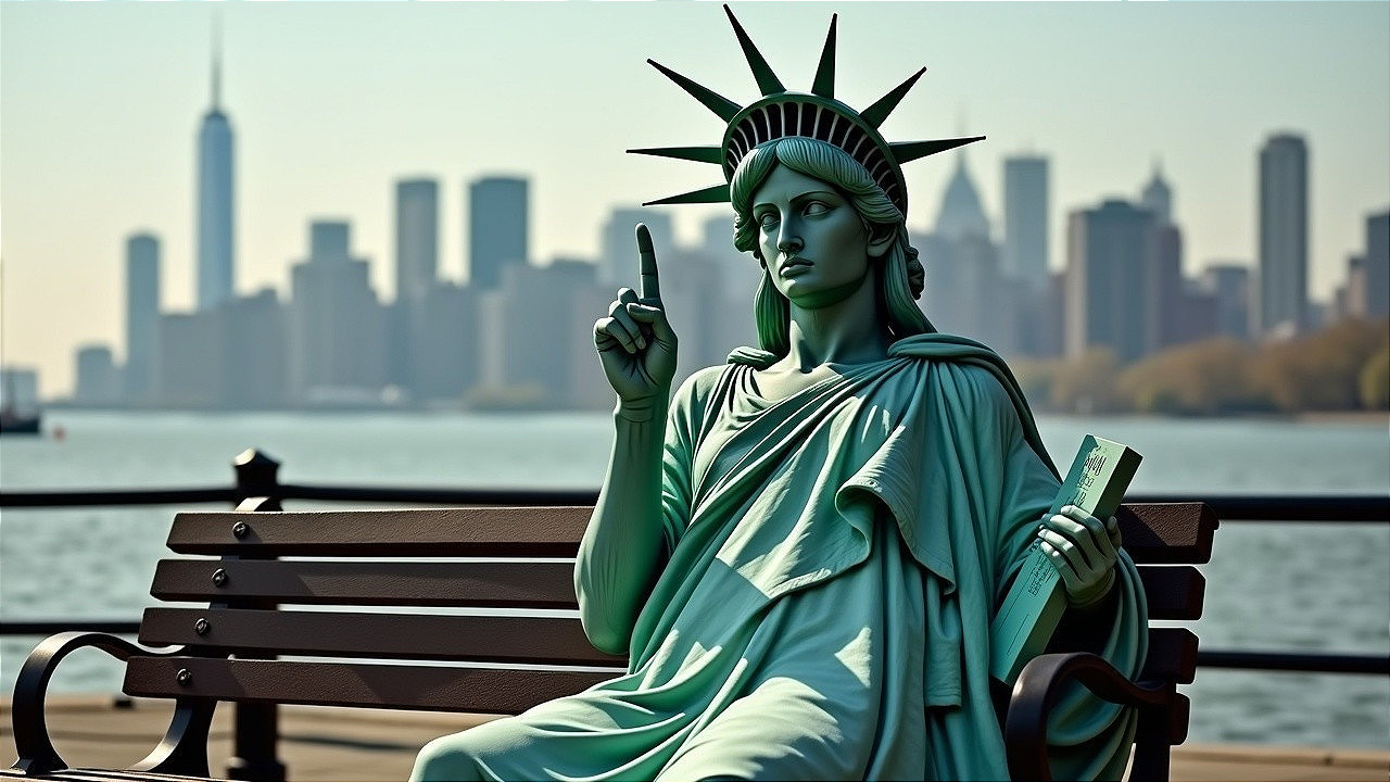 Statue of Landmark with City Skyline Background