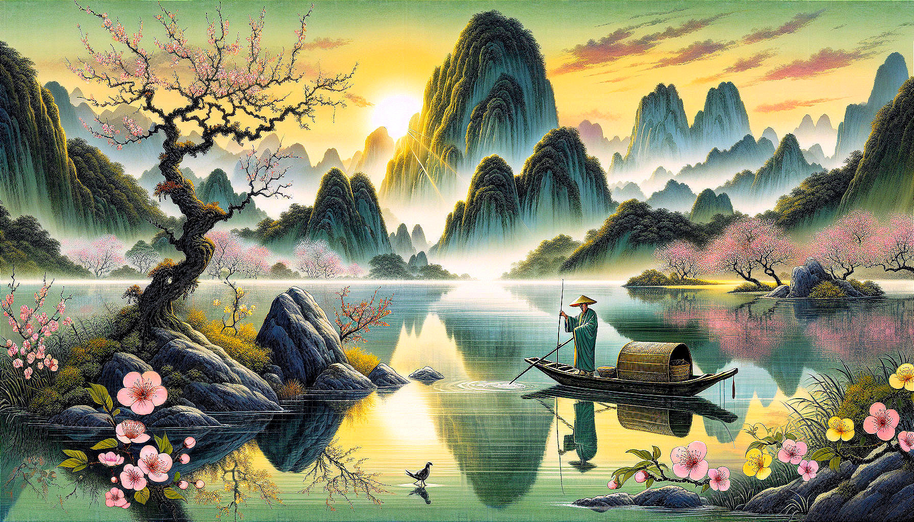 Tranquil River Landscape with Misty Mountains and Blossoms