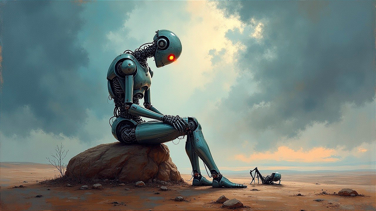 Giant humanoid robot in a desolate landscape scene