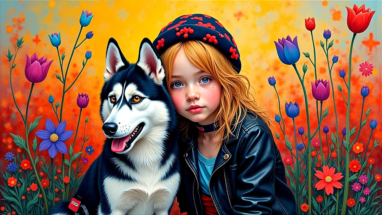 Young girl in leather jacket with husky in vibrant setting