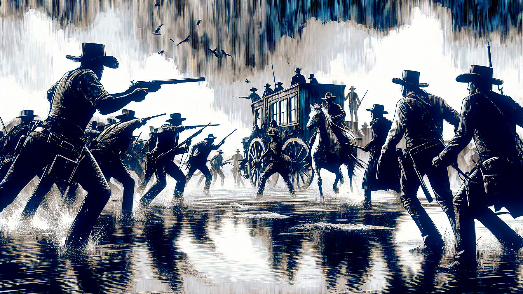 Monochromatic Western Standoff in Rainy Landscape
