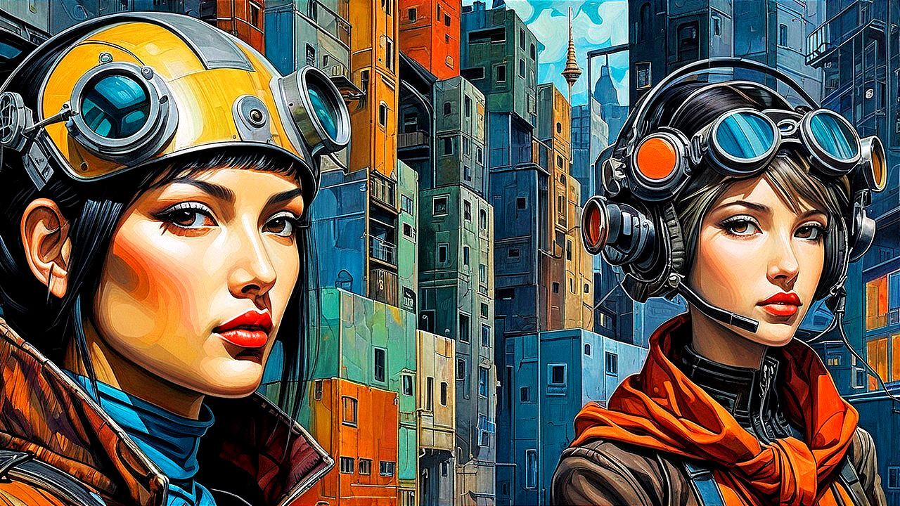 Young women in futuristic urban setting with headgear