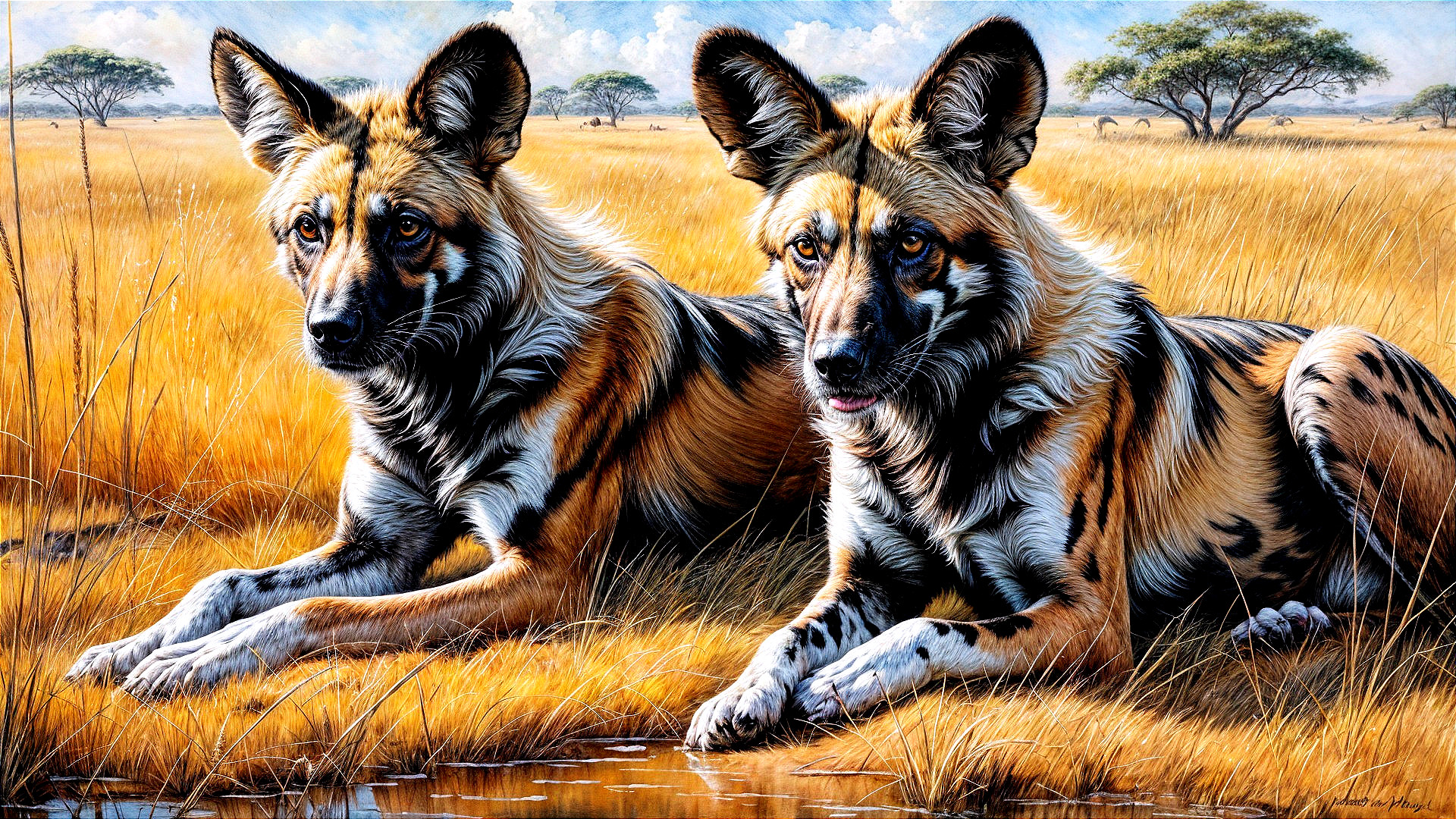 African wild dogs resting in golden grass landscape