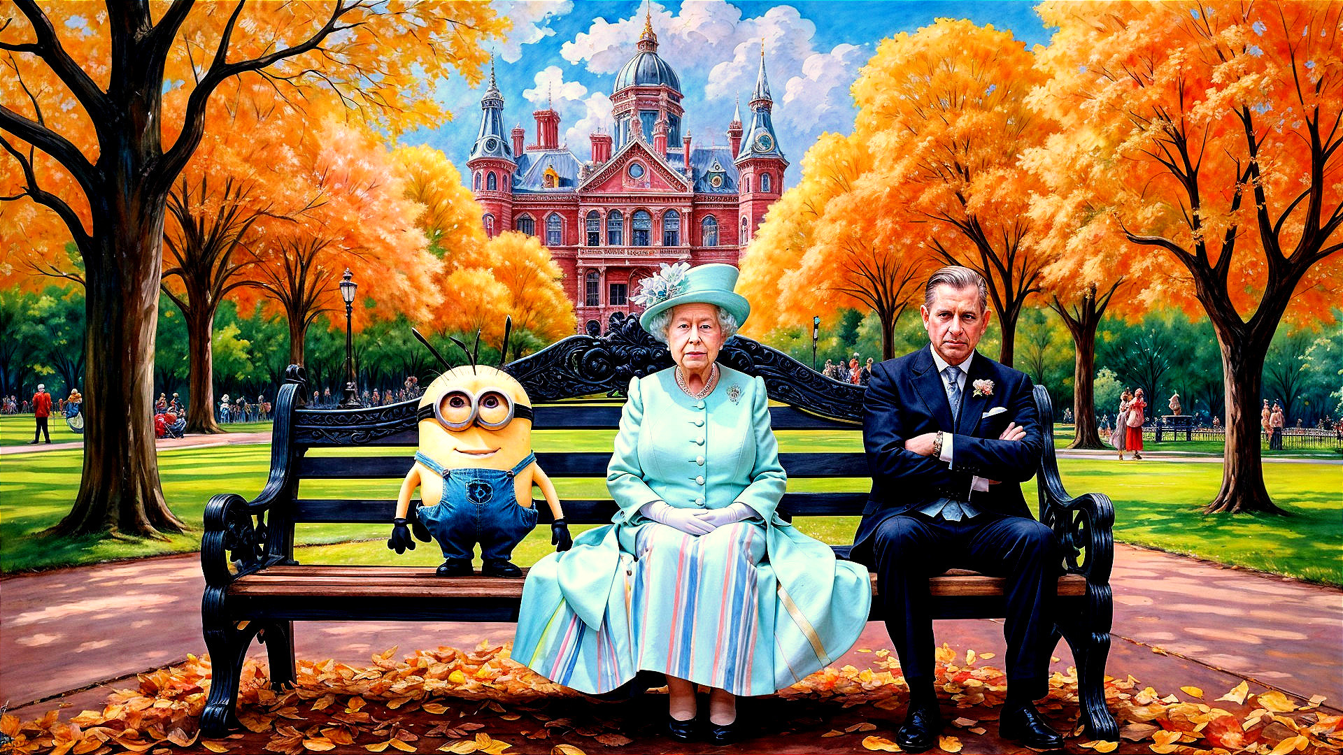 Minion and Royal Figures in Autumn Park Setting