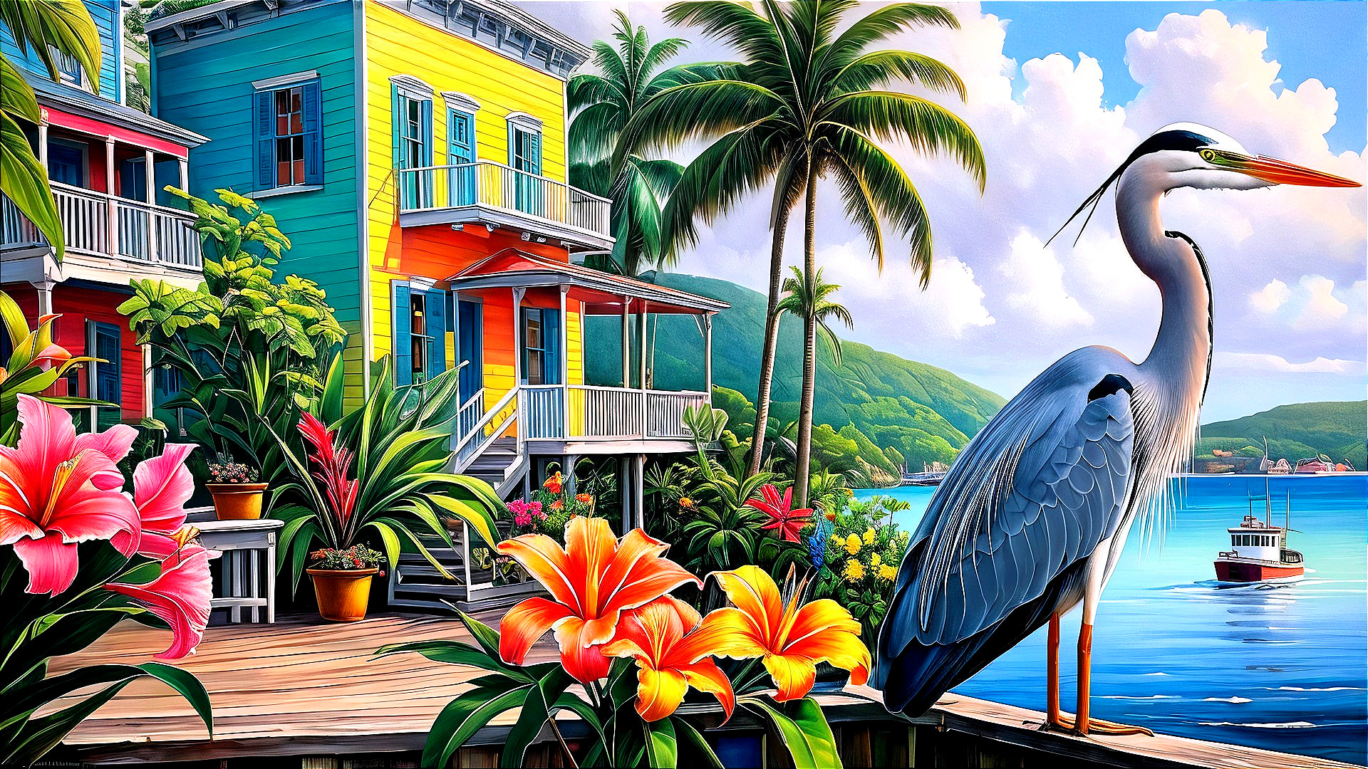 Tropical Waterfront Home with Lush Greenery and Heron