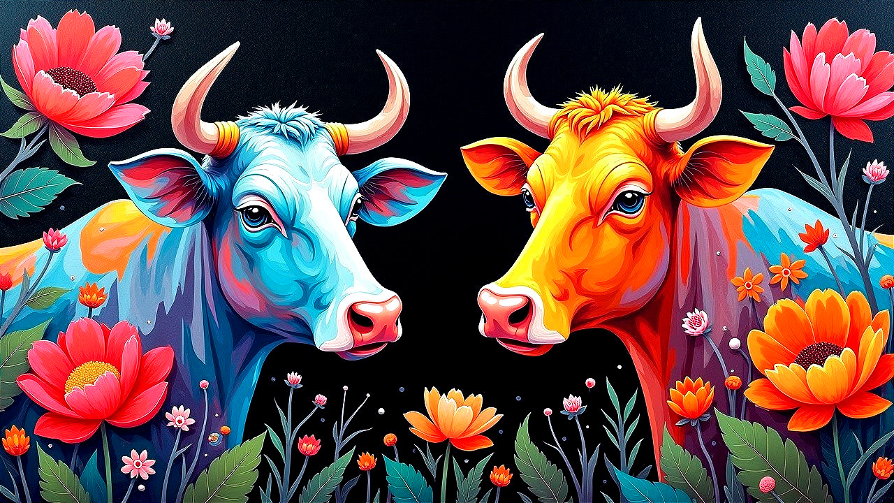 Colorful Artwork of Stylized Cows and Flowers