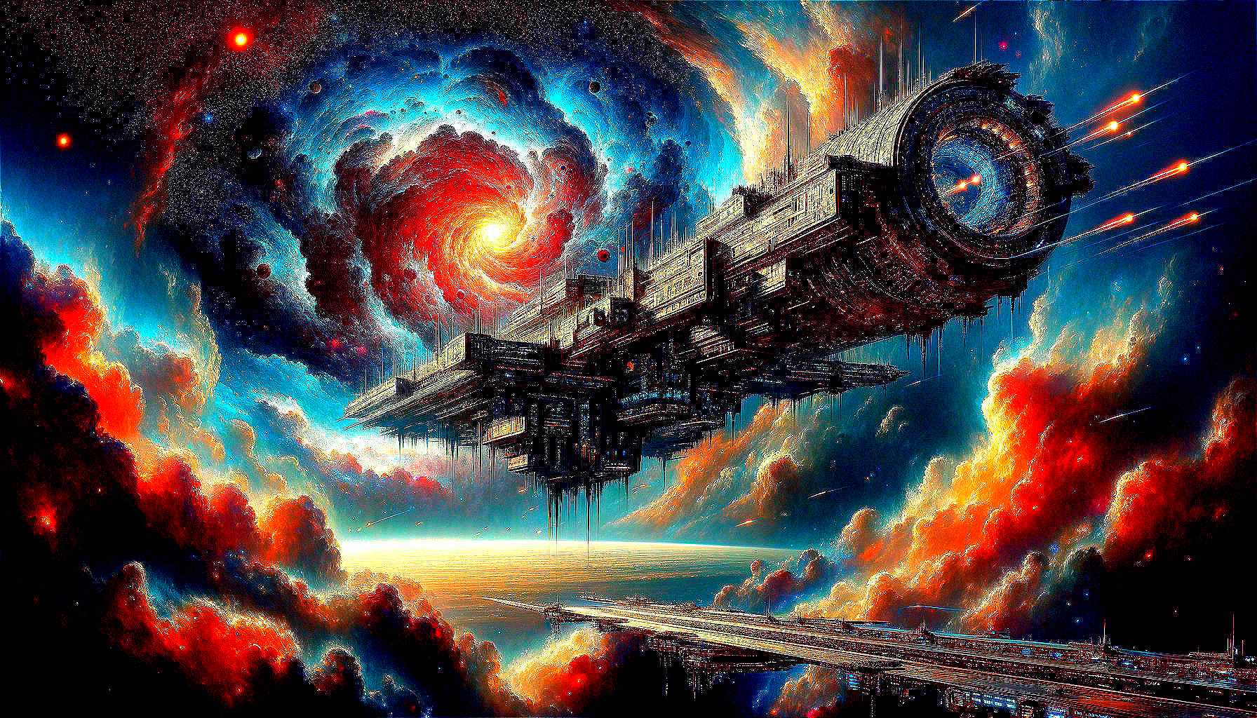 Massive Space Station Amidst Vibrant Cosmic Scene