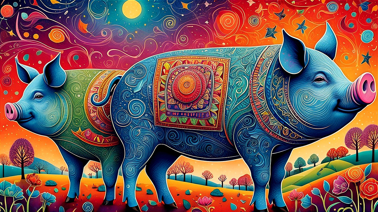Decorative Pigs in Vibrant Swirling Background