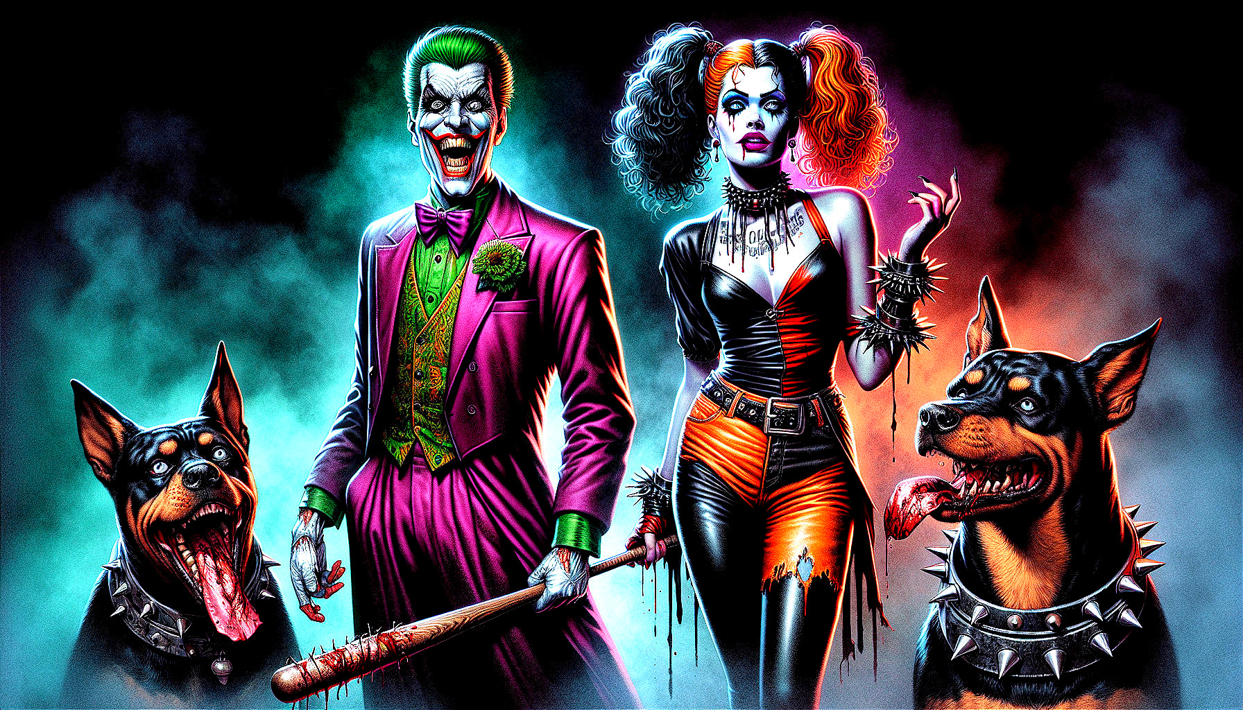 Stylized depiction of Joker and Harley Quinn with Rottweilers