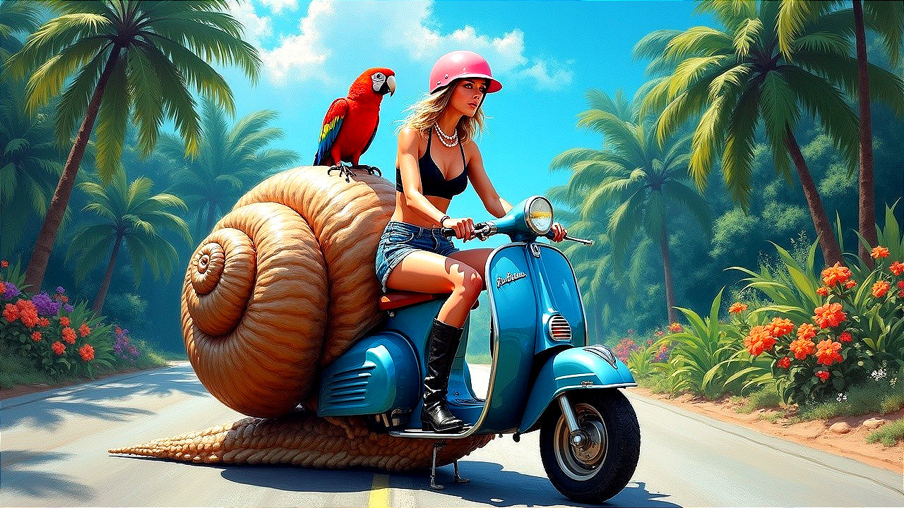 Woman on Vintage Scooter with Snail Shell Design