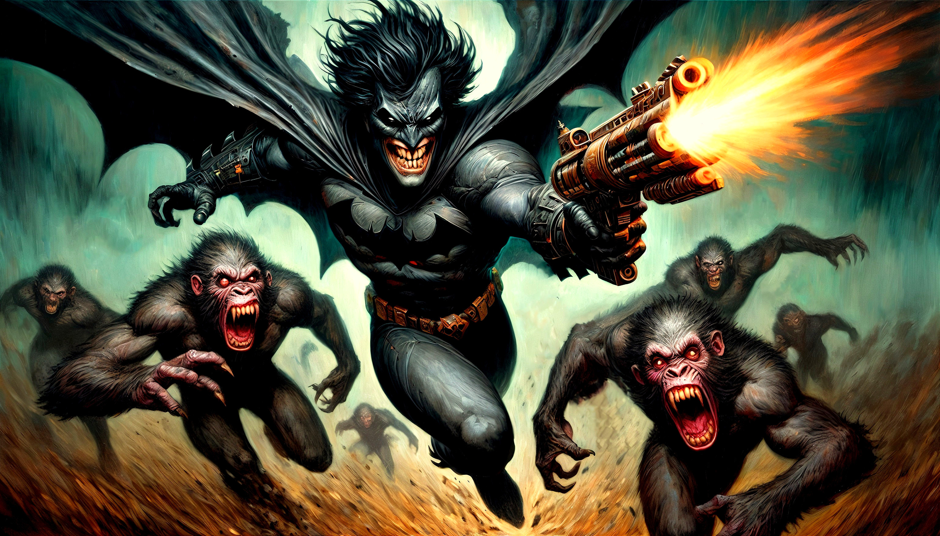 Menacing Figure in Dark Scene with Snarling Monkeys