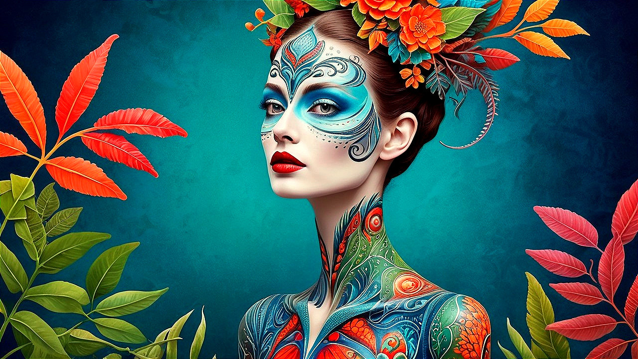 Portrait of a Woman with Vibrant Body Art and Foliage