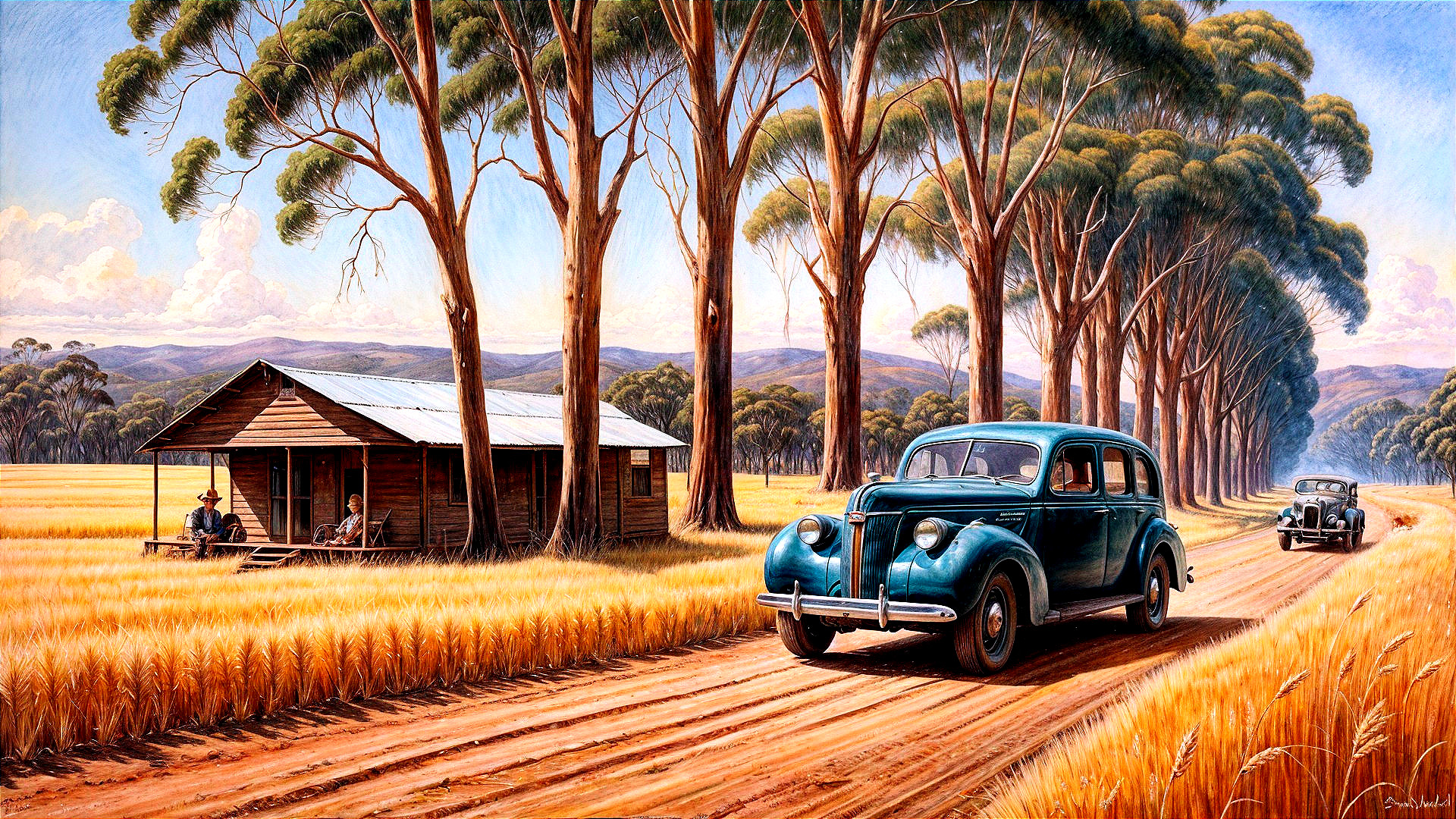 Scenic rural landscape with eucalyptus trees and wheat fields