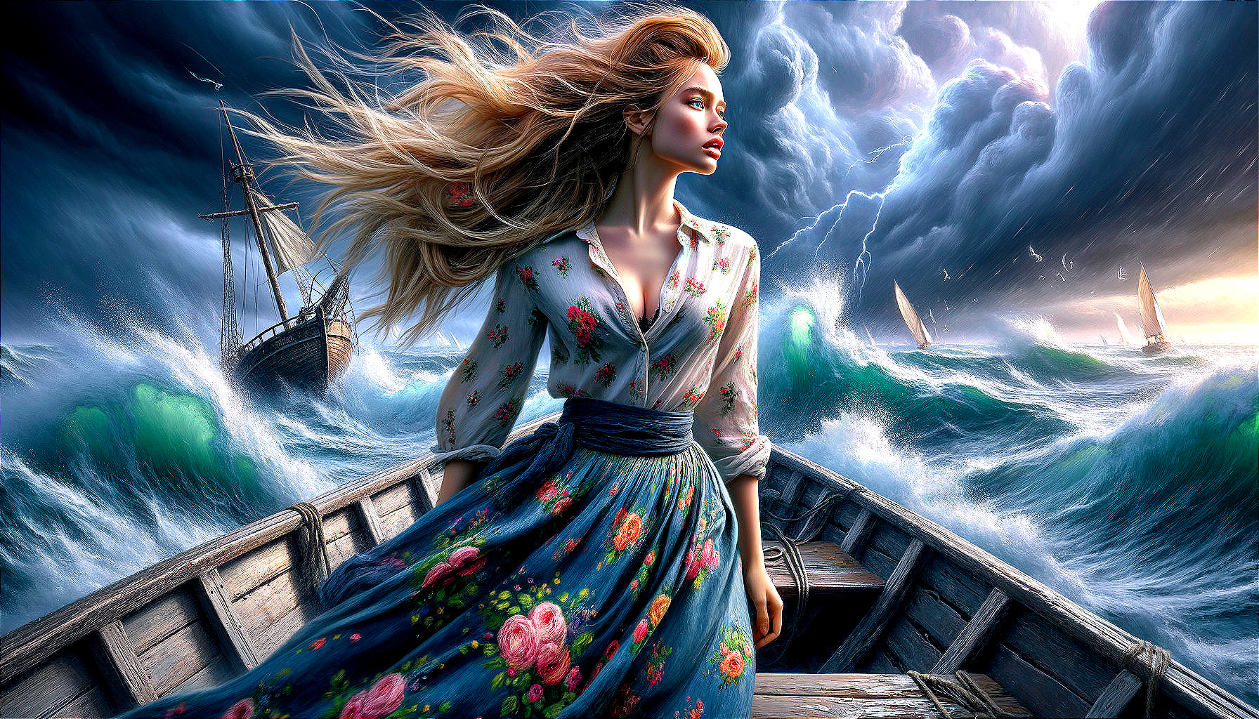 Woman in a boat amid stormy waves and dark clouds