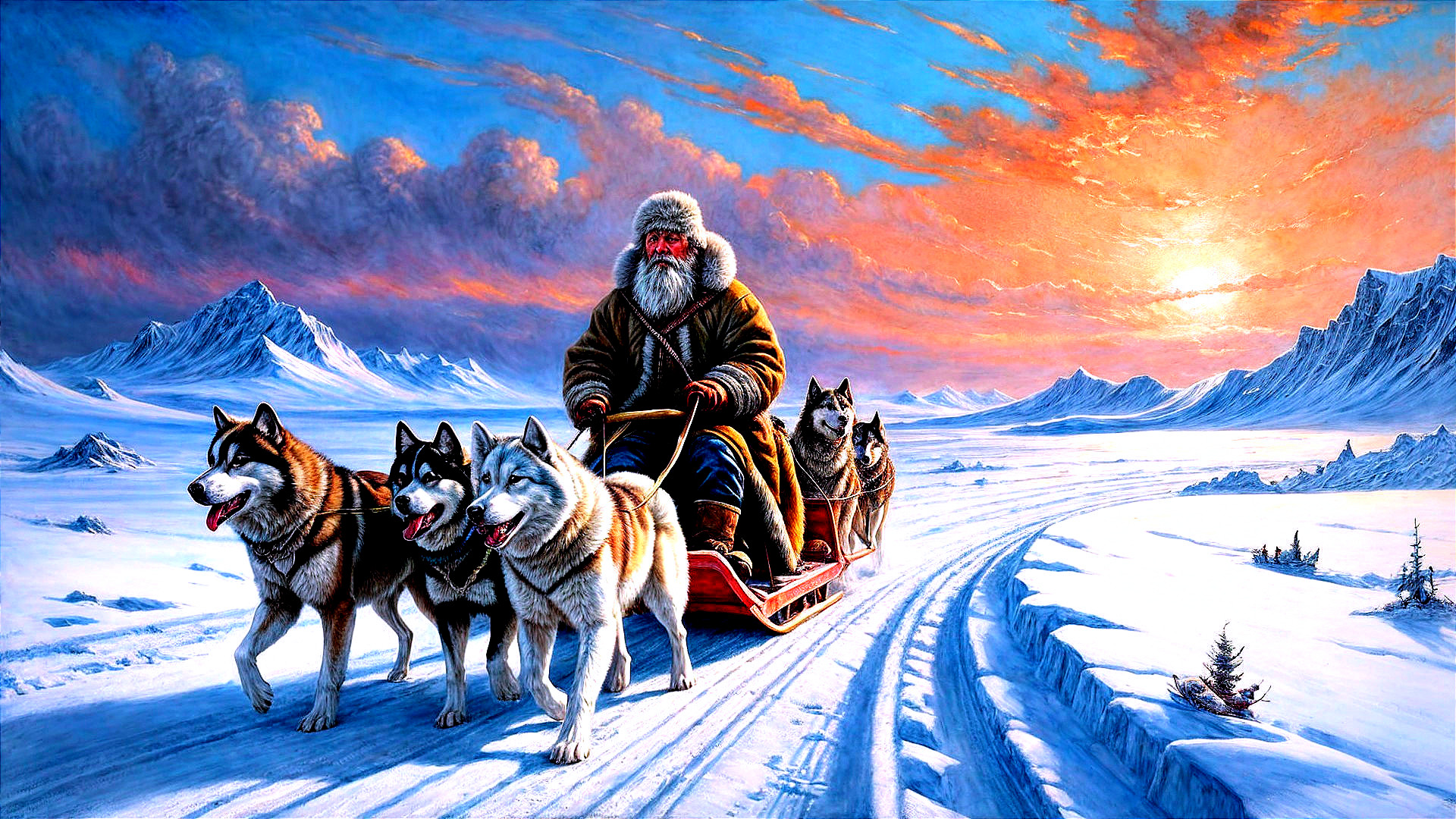 Winter Landscape with Huskies and Sled at Sunset