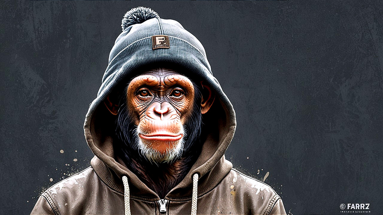 Cartoon Monkey in Beanie and Hoodie Against Dark Background