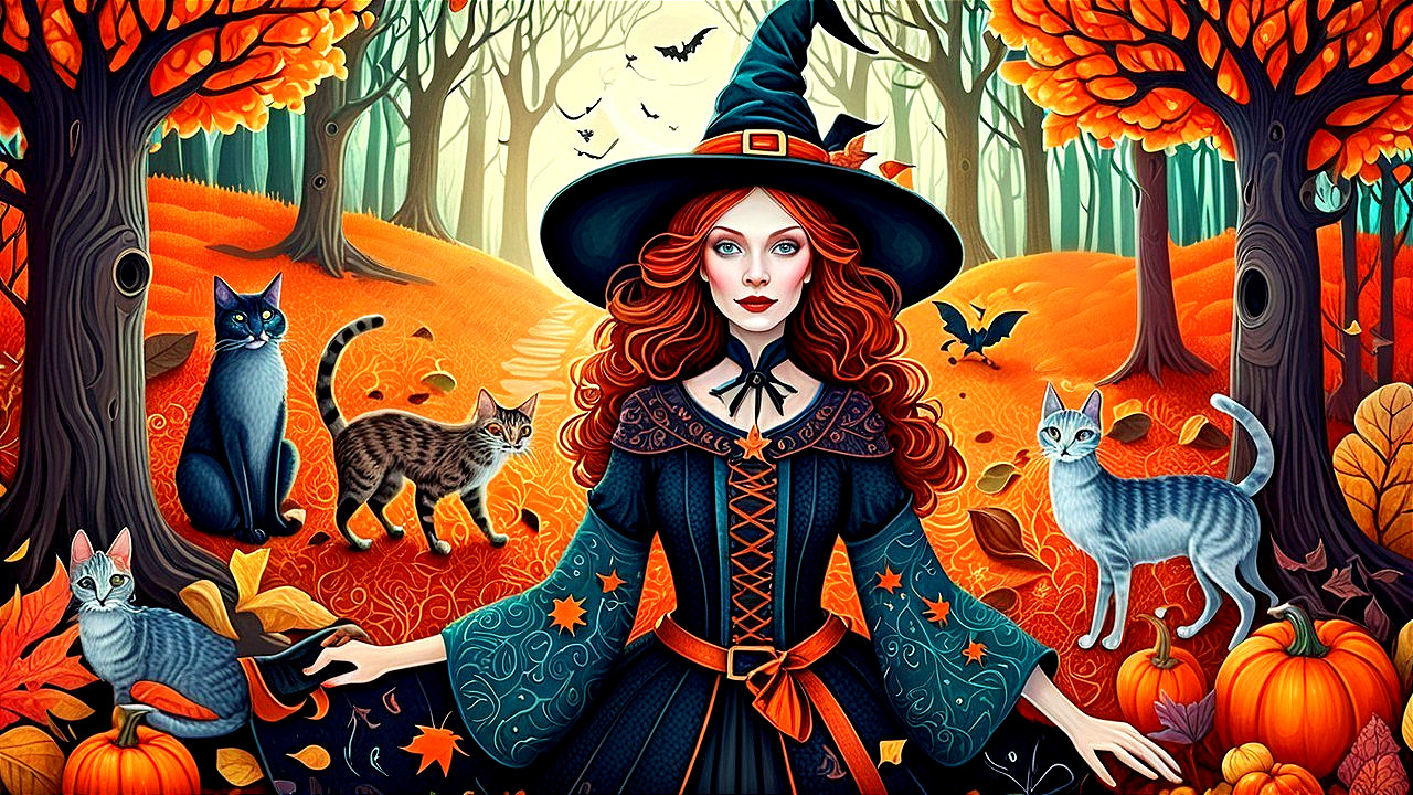 Witch in Autumn Landscape with Cats and Pumpkins