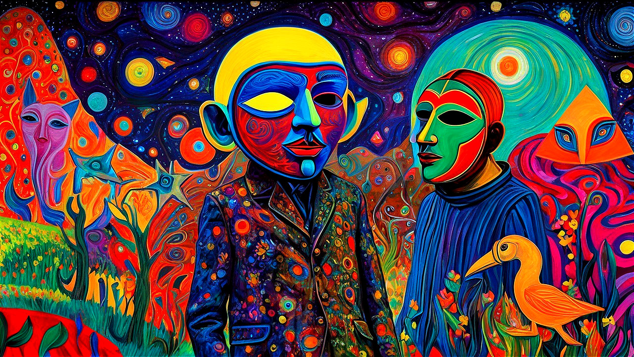 Surreal Figures in a Colorful Dreamlike Landscape