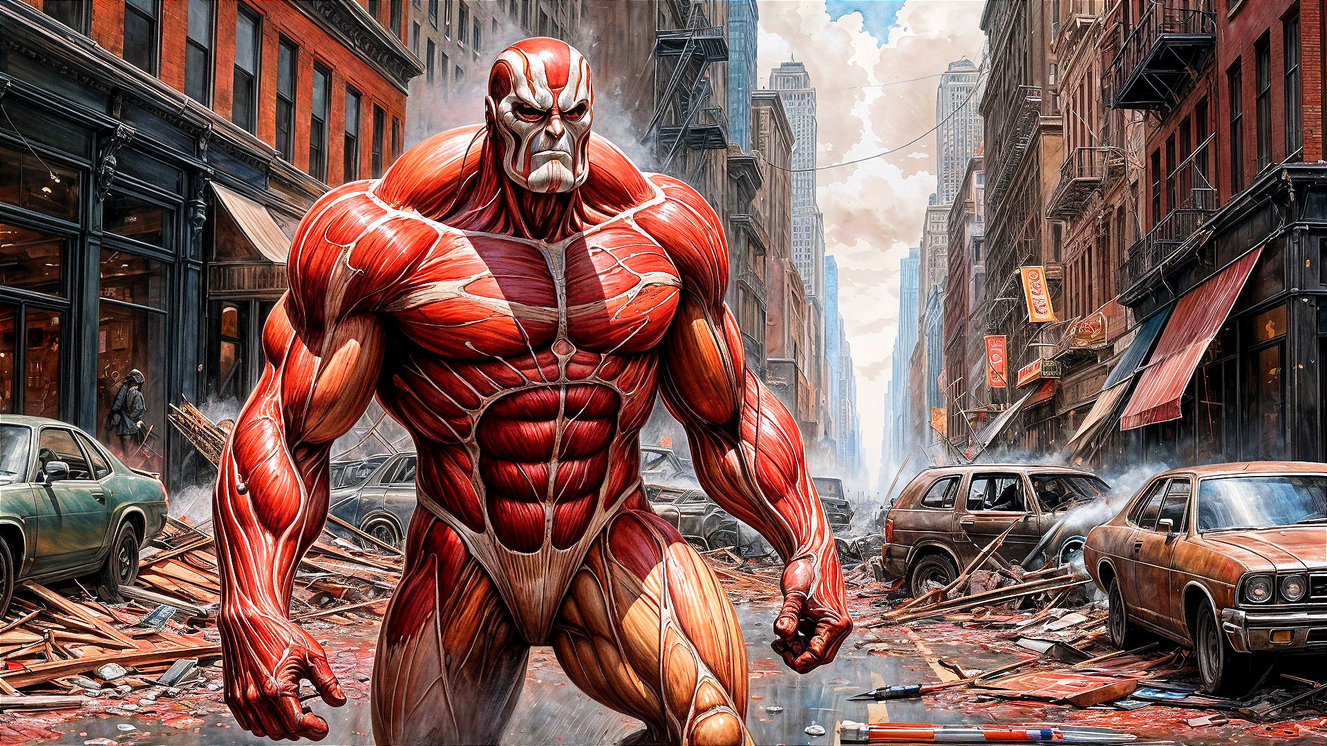Post-Apocalyptic Cityscape with Muscular Superhero Figure