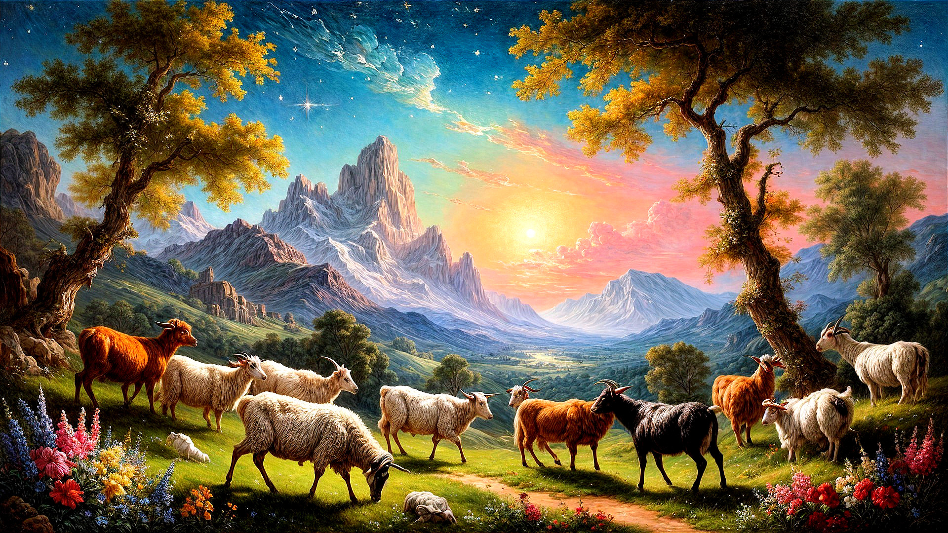 Serene Valley with Cattle Under Starry Sunset Sky