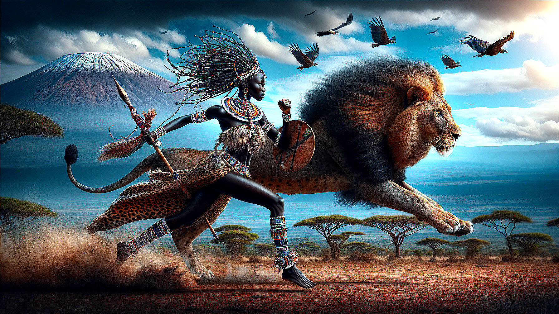 Traditional Attire and Lion on African Savanna