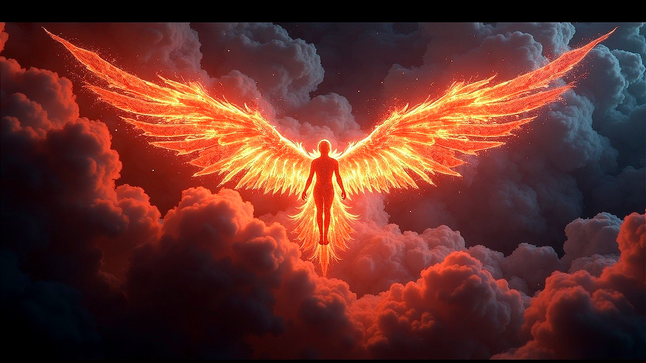Majestic figure with fiery wings against dark clouds