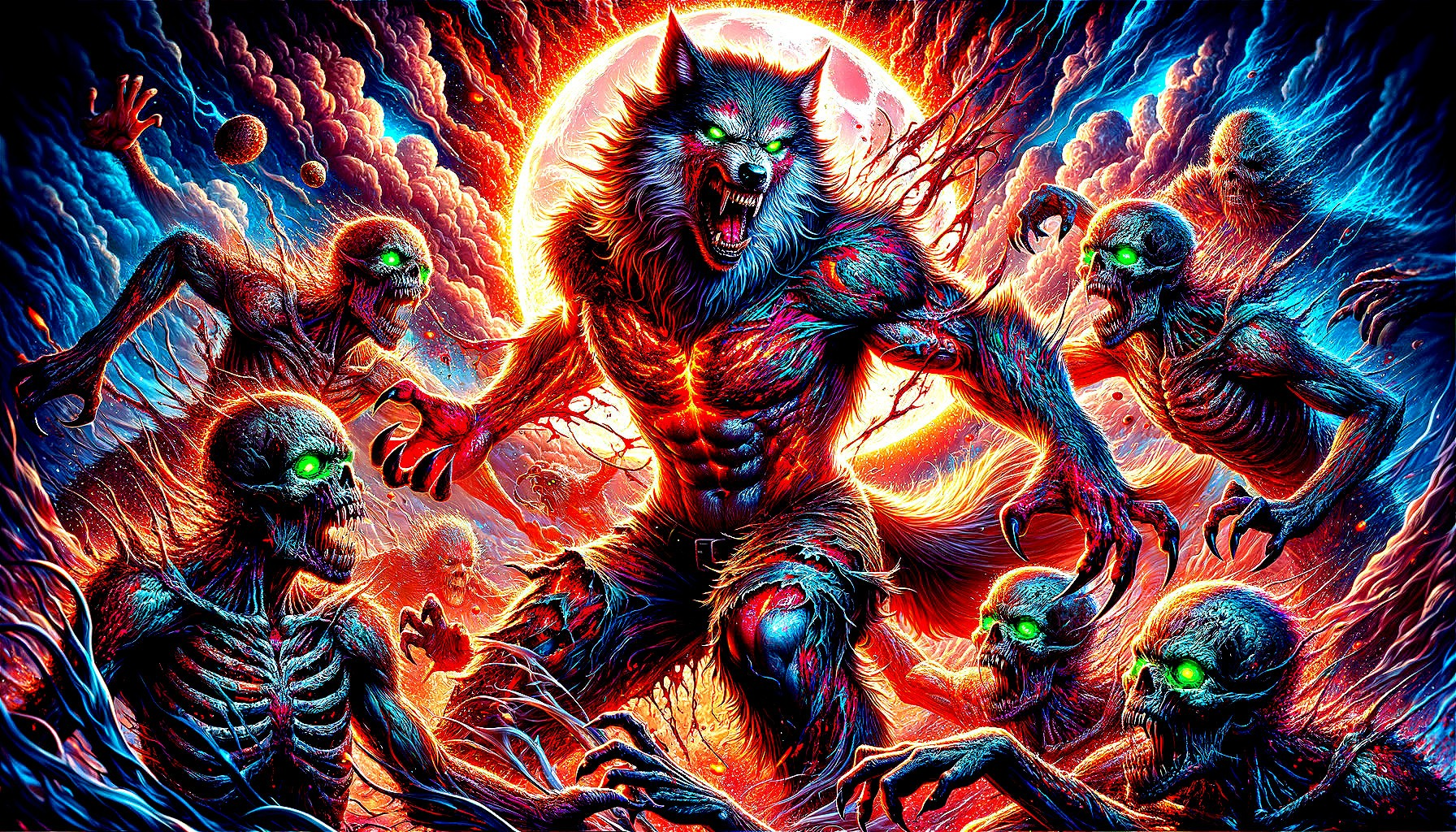 Muscular Werewolf in Dynamic Pose with Eerie Figures