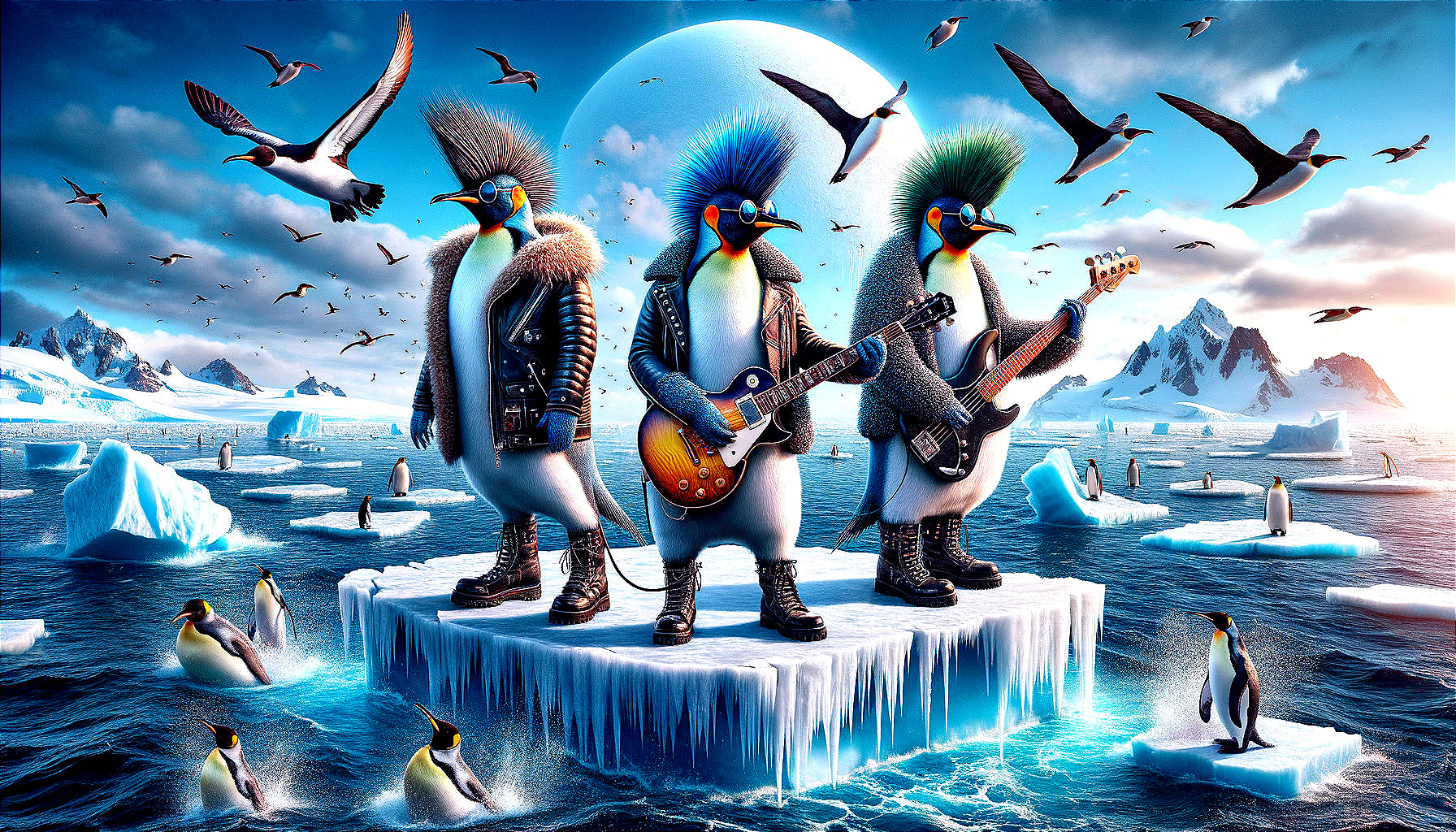 Punk Penguins Performing on an Ice Floe Concert