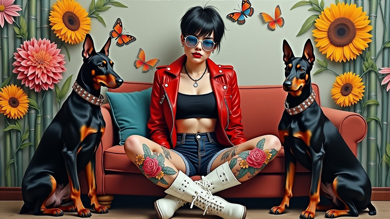 Stylish Woman with Dobermans in Colorful Setting