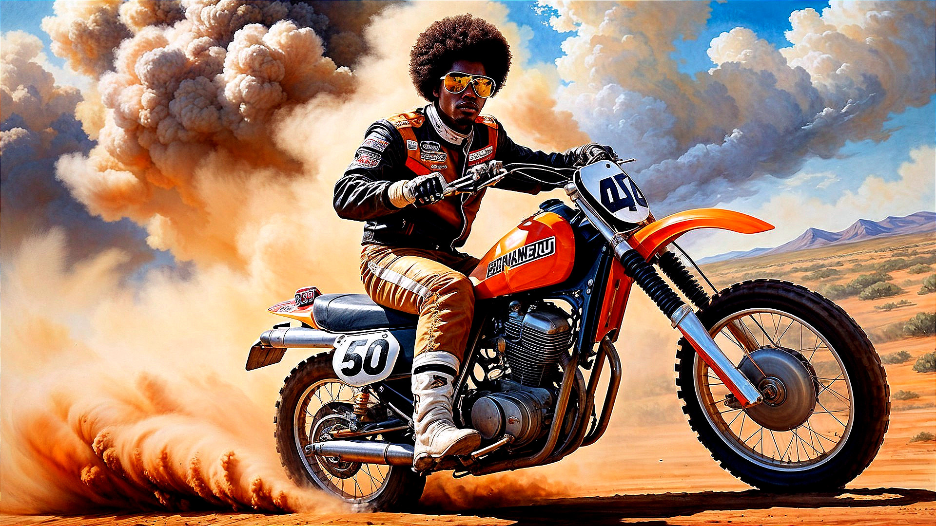 Motorcyclist on Orange Bike in Desert Landscape