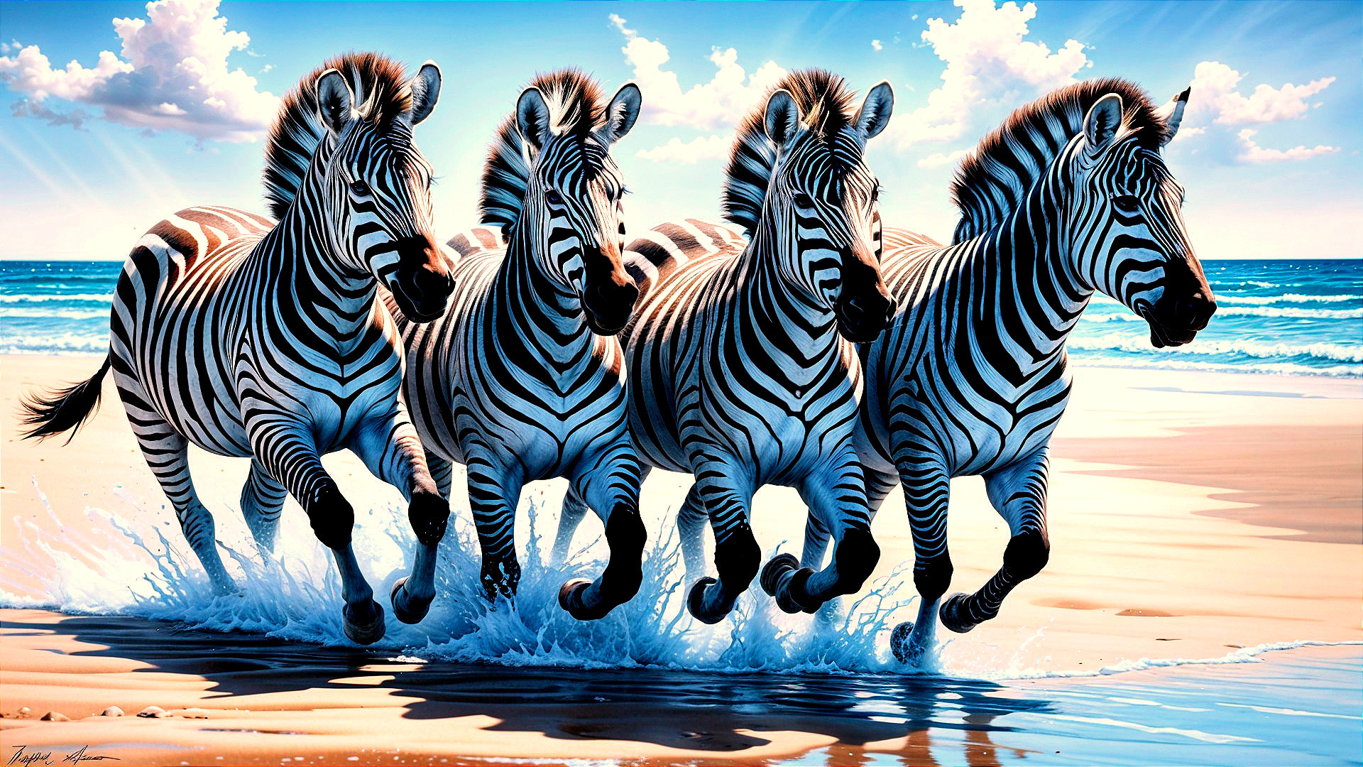 Zebras Galloping on a Sunlit Beach with Waves
