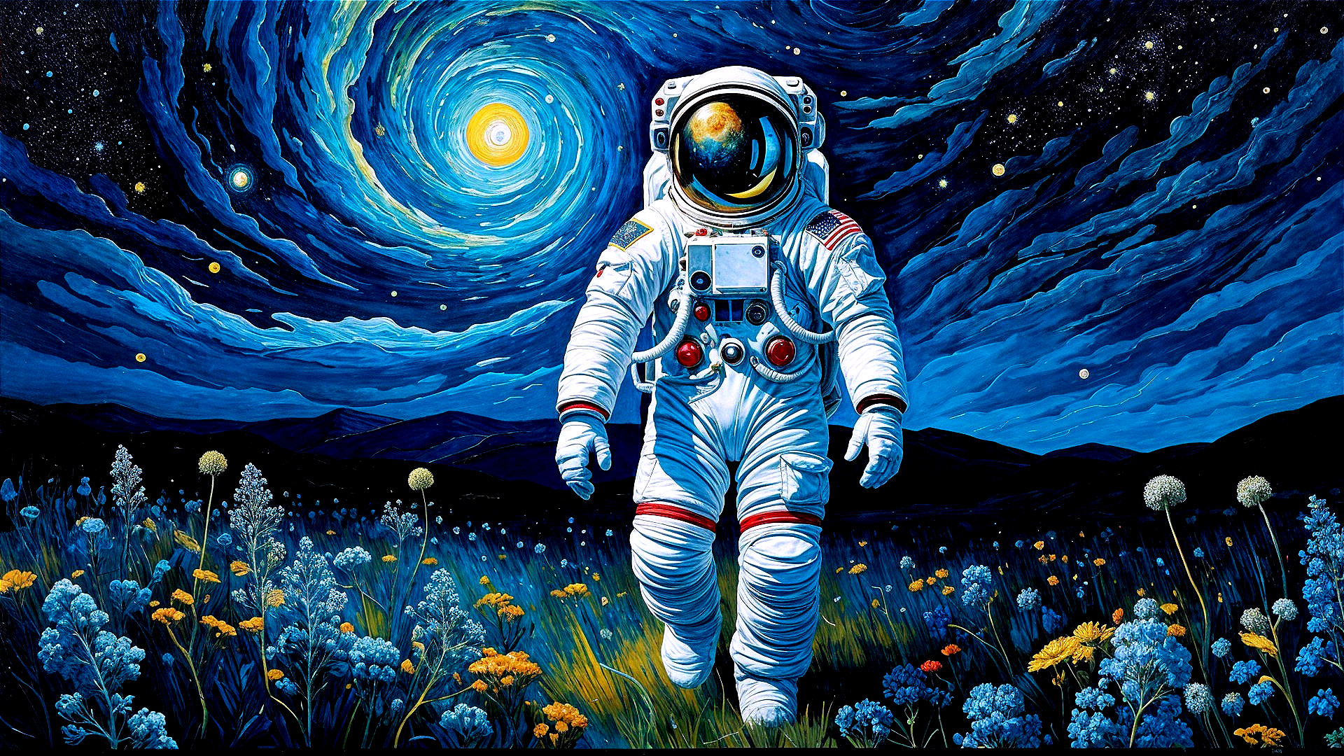 Astronaut in a surreal landscape of vibrant flowers