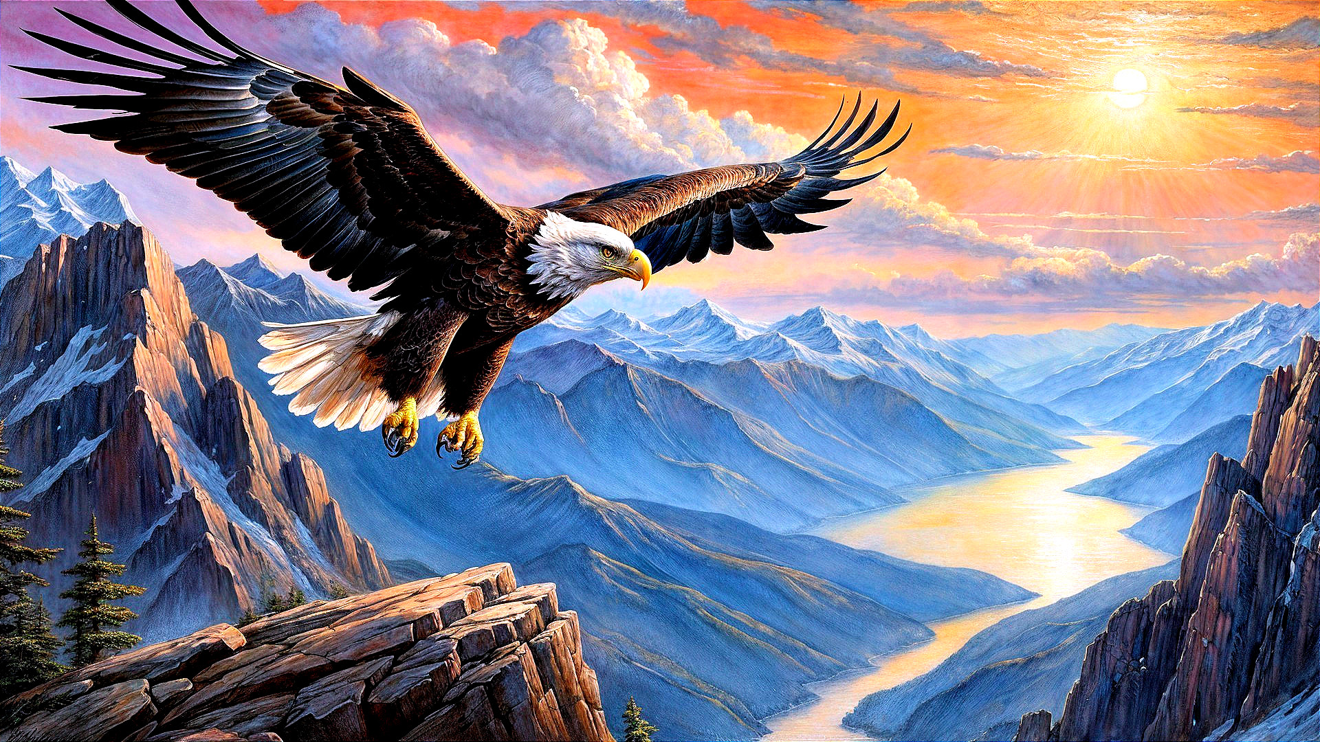 Bald Eagle Soaring Over Sunset Landscape with Mountains