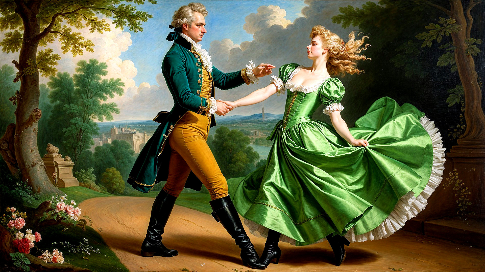 Romantic Dance in a Lush 18th-Century Landscape