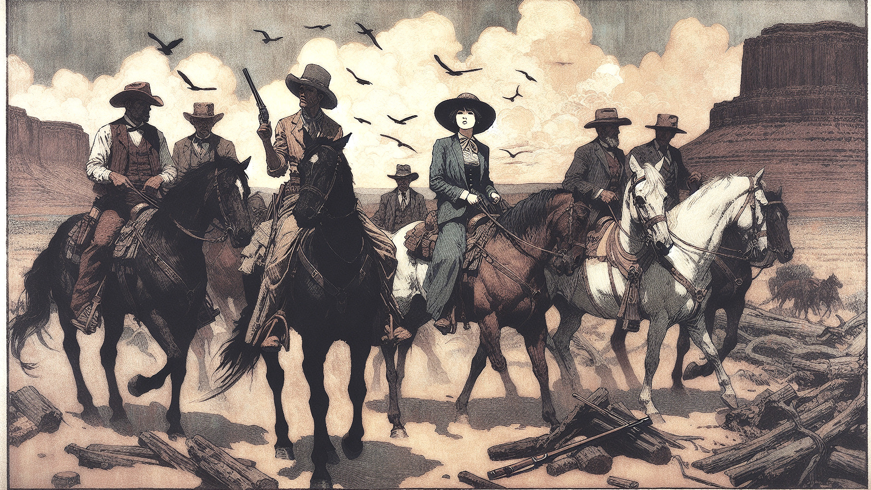 Group of Horse Riders in a Western Landscape