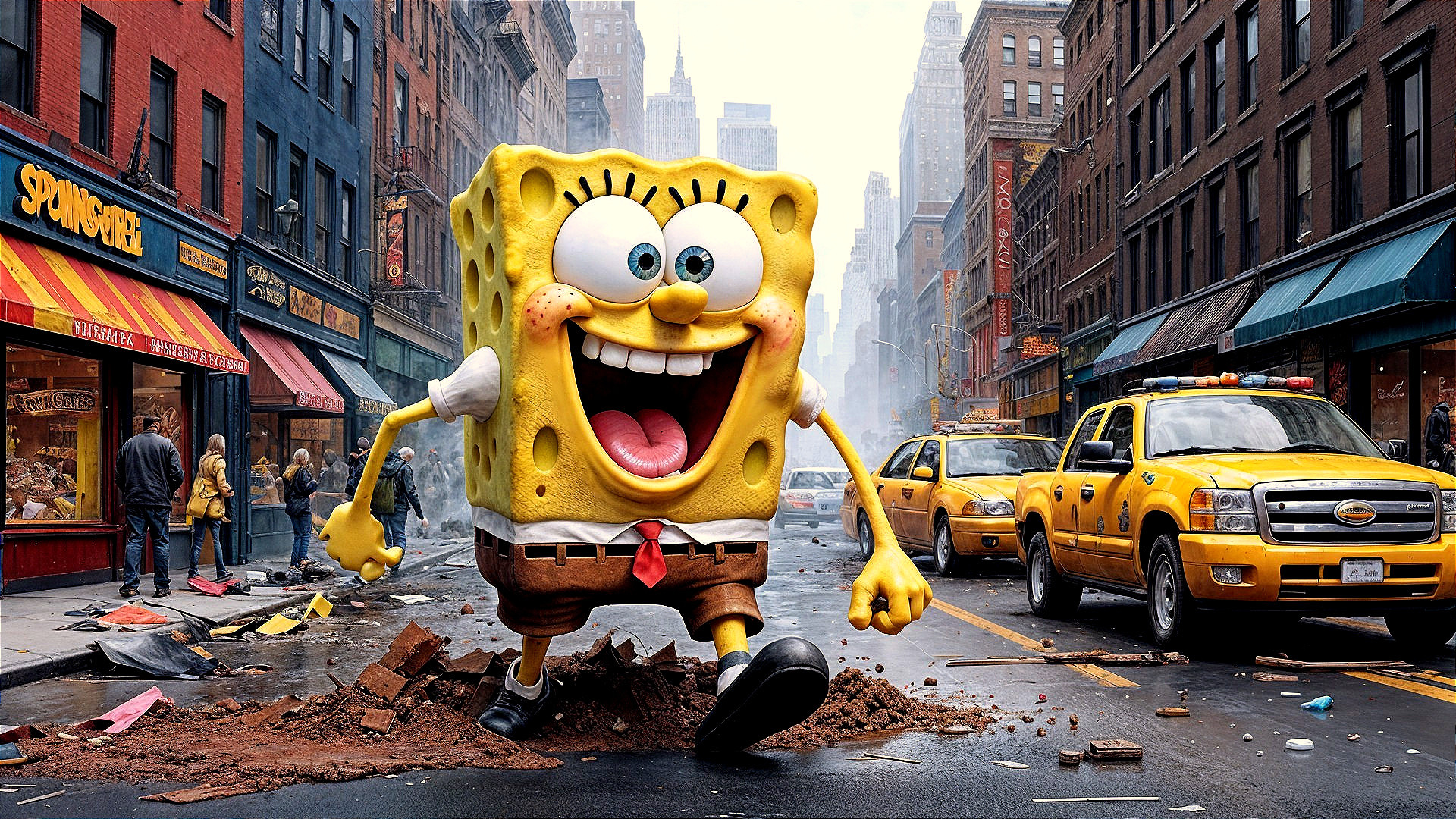 Giant cheerful sponge character in vibrant urban scene