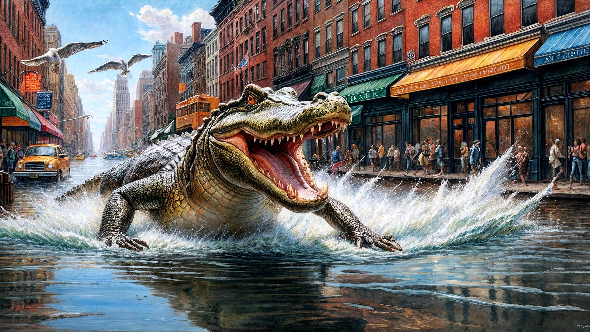 Alligator in Flooded City Streets with Tall Buildings