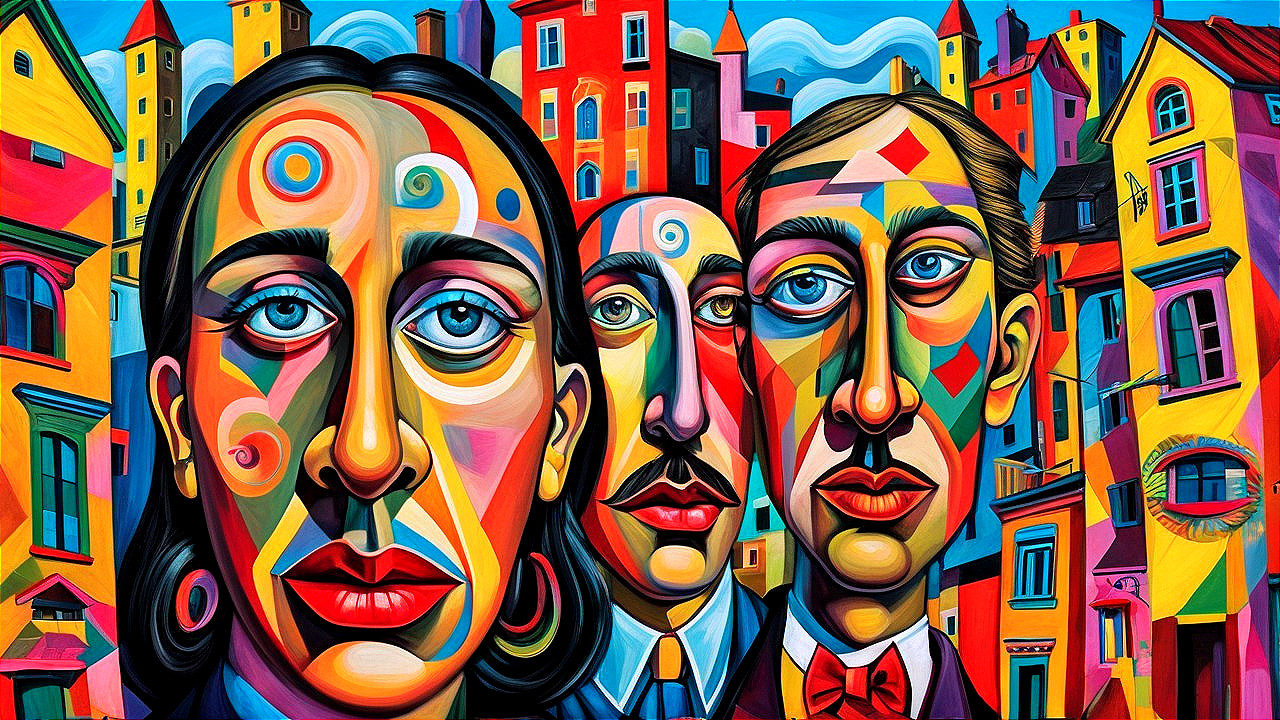 Stylized Human Figures with Abstract Colorful Background