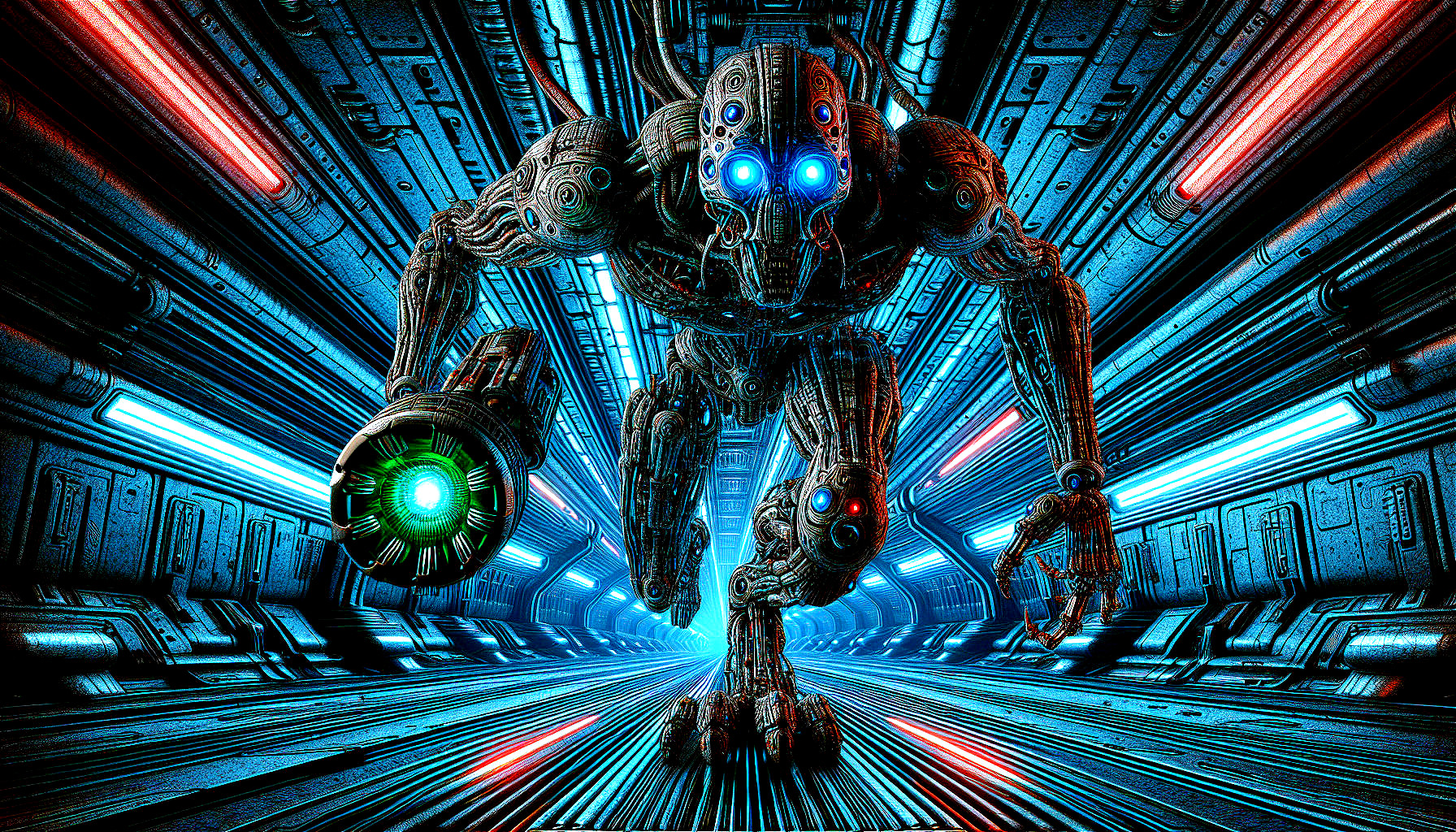 Robotic Figure in Futuristic Corridor with Vibrant Lights
