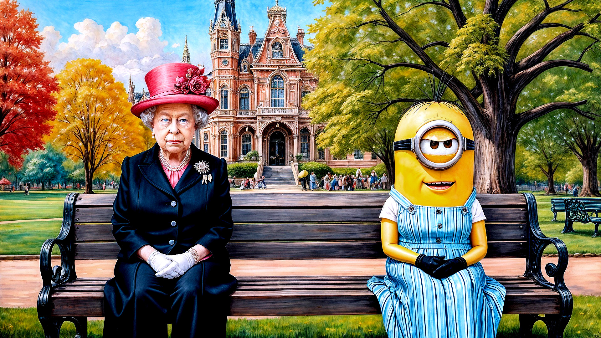 Queen in Black Outfit with Minion in Vibrant Park Scene