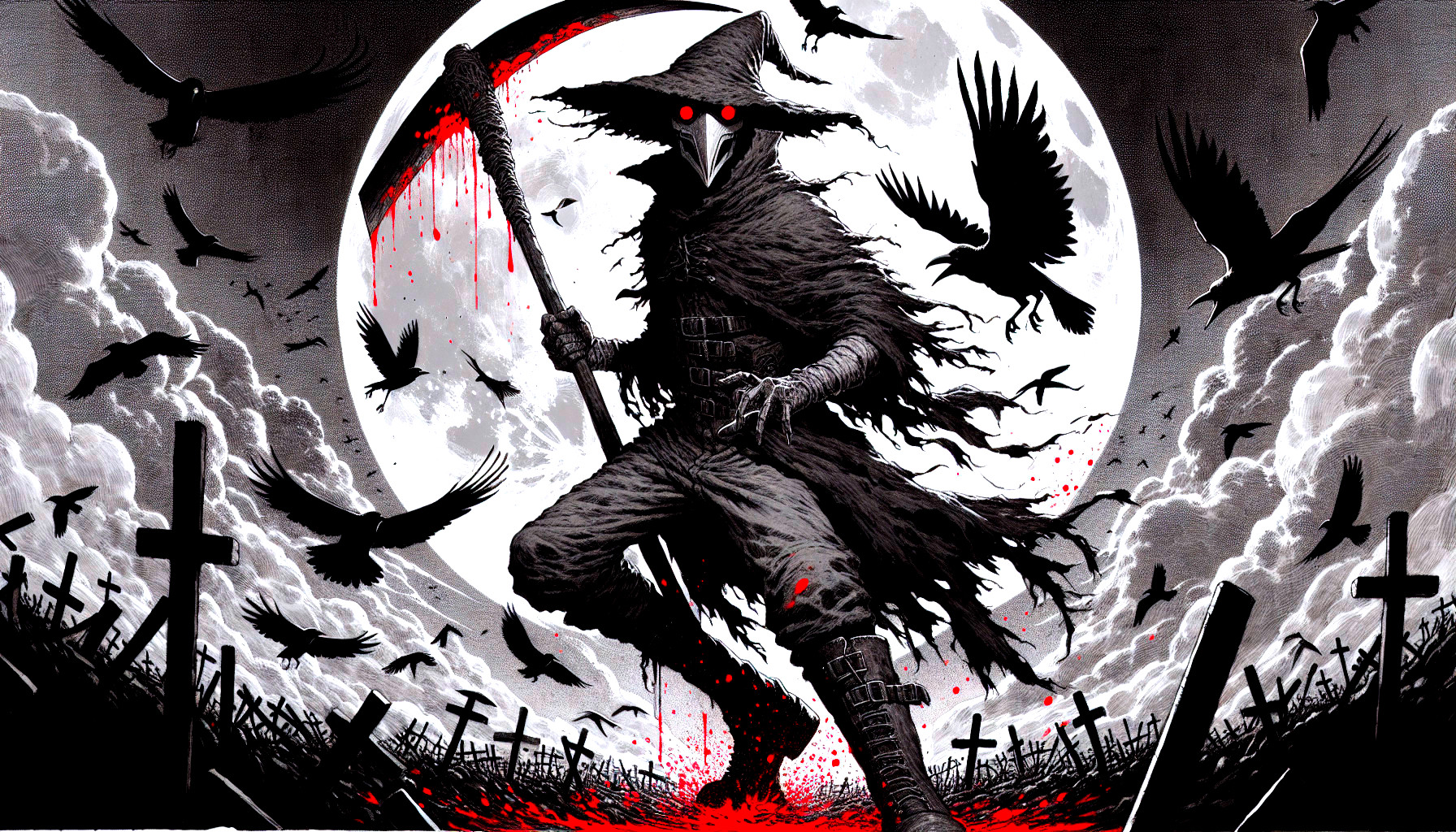 Shadowy Figure with Scythe in Eerie Graveyard Scene