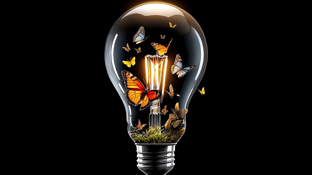 Colorful Butterflies in Light Bulb with Greenery