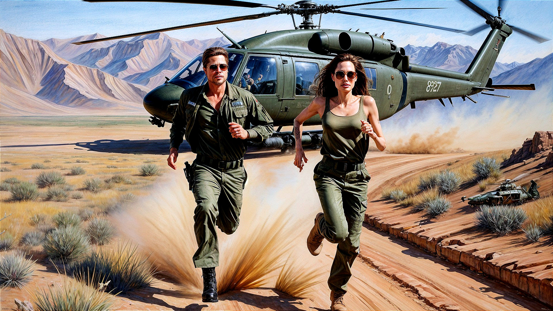 Military Figures Running in Dusty Terrain with Helicopter