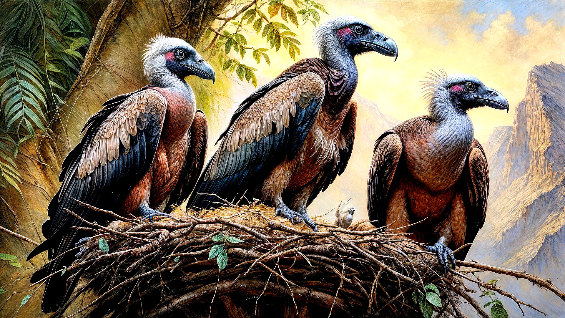 Vultures Perched on Nest in Serene Landscape