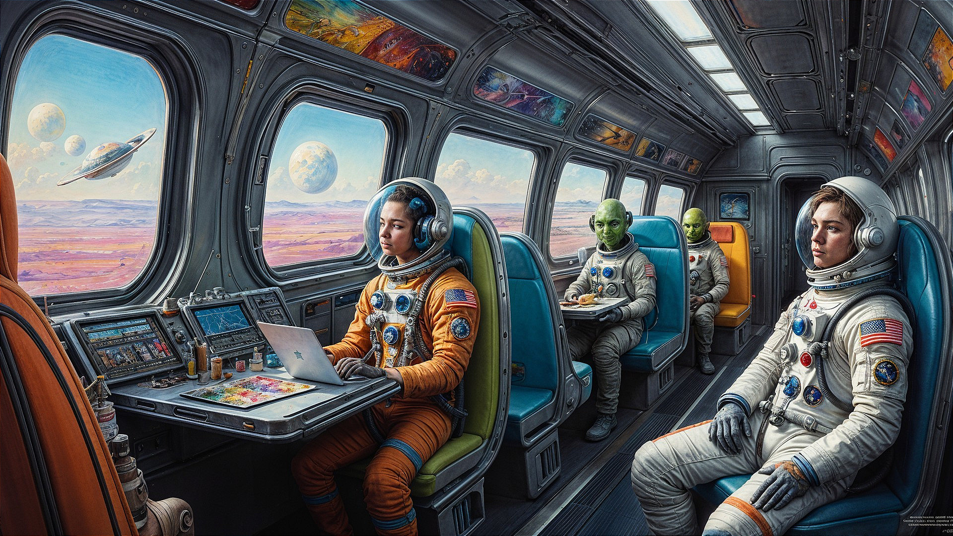 Futuristic Spacecraft Cabin with Astronauts and Aliens