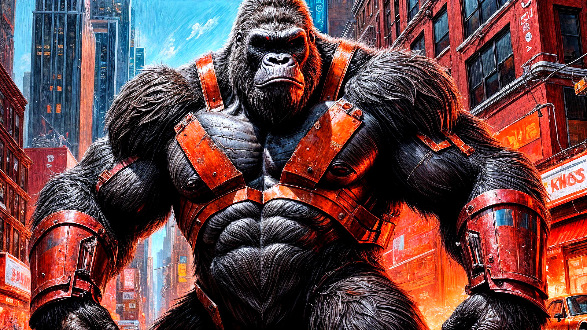 Muscular Gorilla in Metallic Gear in Urban Setting